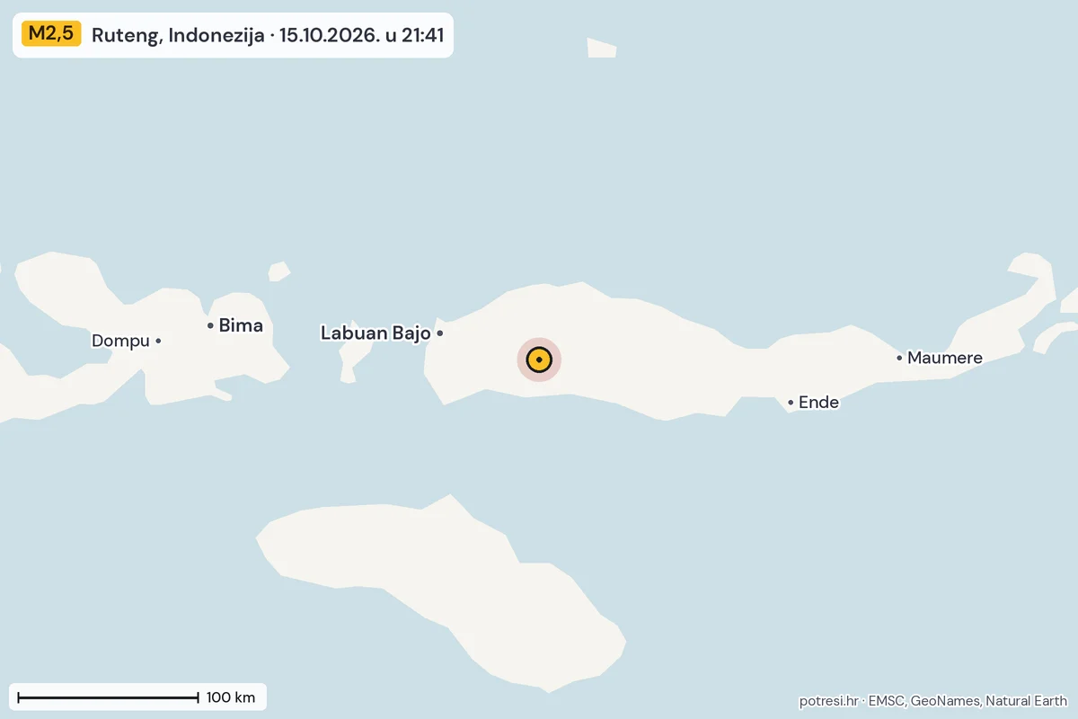 Karta: šire područje, 600 km, potres M2,5, Ruteng, Indonezija, 15.10.2026.