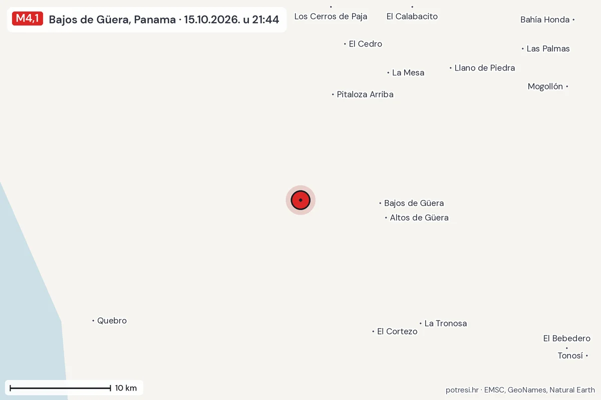Karta: okolica epicentra, 60 km, potres M4,1, Bajos de Güera, Panama, 15.10.2026.