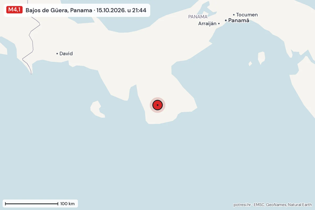 Karta: šire područje, 600 km, potres M4,1, Bajos de Güera, Panama, 15.10.2026.