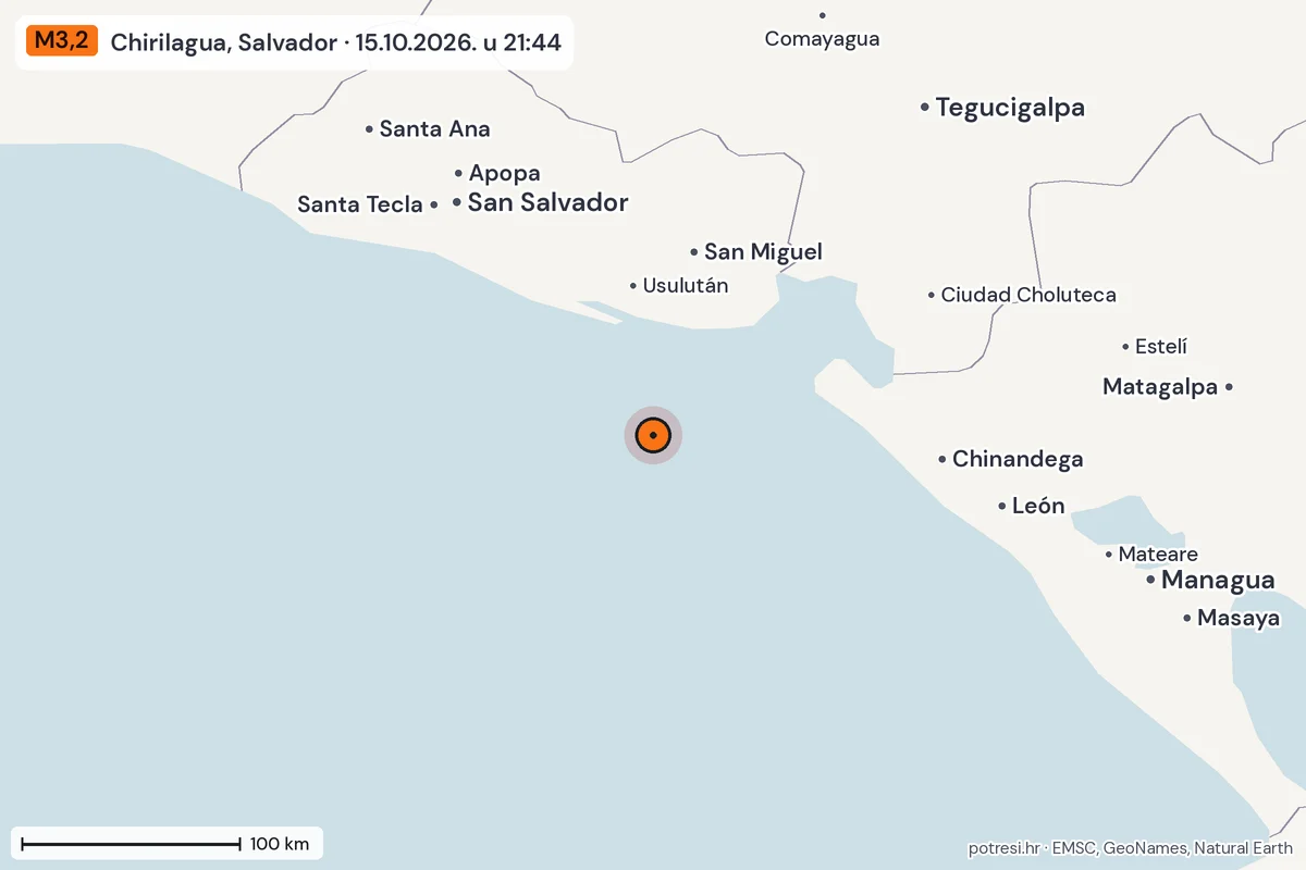 Karta: šire područje, 600 km, potres M3,2, Chirilagua, Salvador, 15.10.2026.
