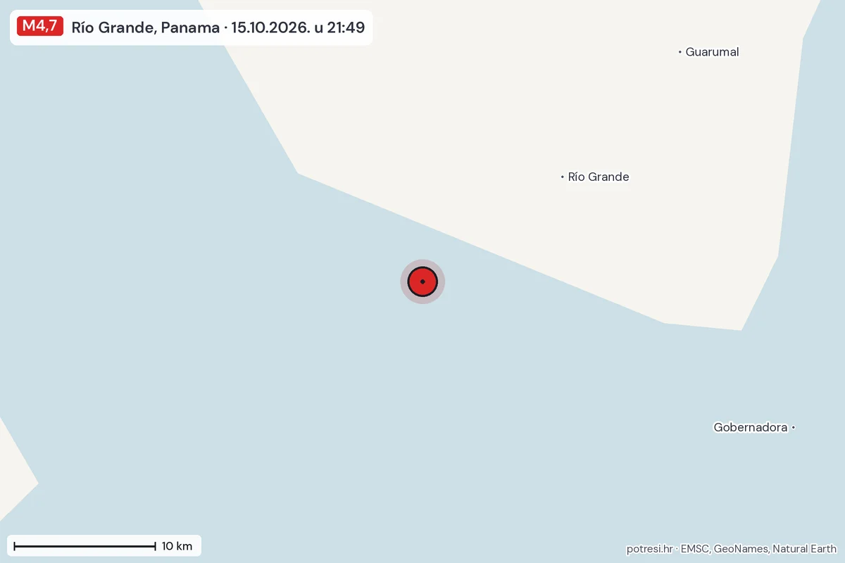 Karta: okolica epicentra, 60 km, potres M4,7, Río Grande, Panama, 15.10.2026.