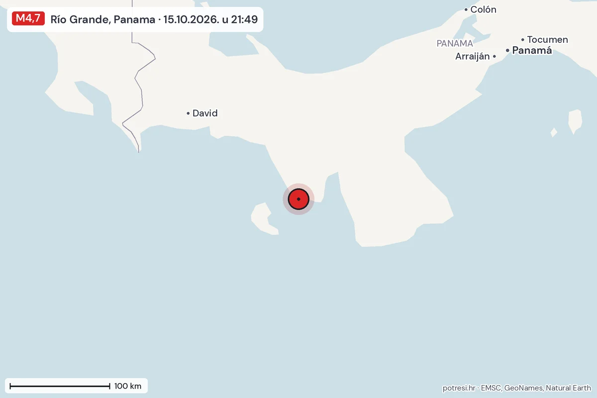 Karta: šire područje, 600 km, potres M4,7, Río Grande, Panama, 15.10.2026.