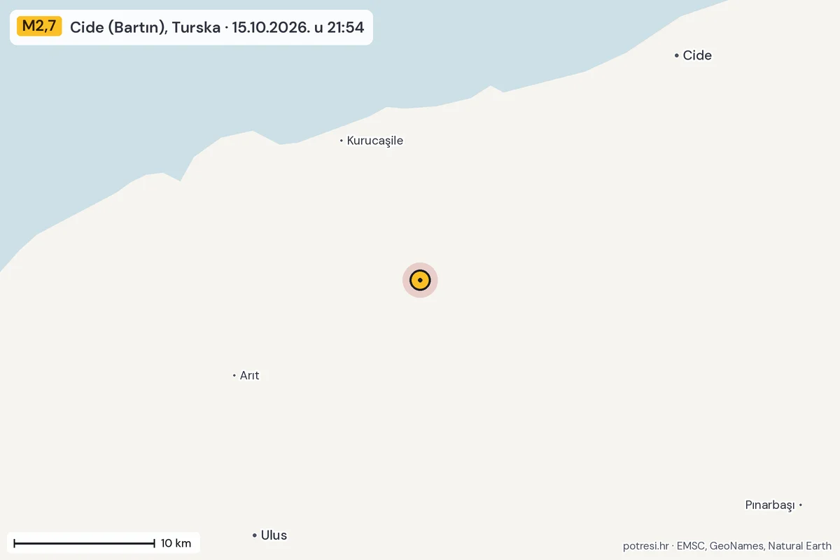 Karta: okolica epicentra, 60 km, potres M2,7, Cide (Bartın), Turska, 15.10.2026.