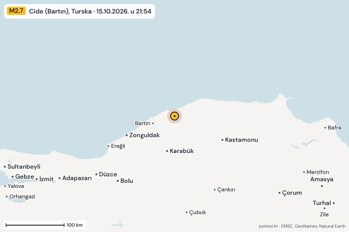 Karta: šire područje, 600 km, potres M2,7, Cide (Bartın), Turska, 15.10.2026.
