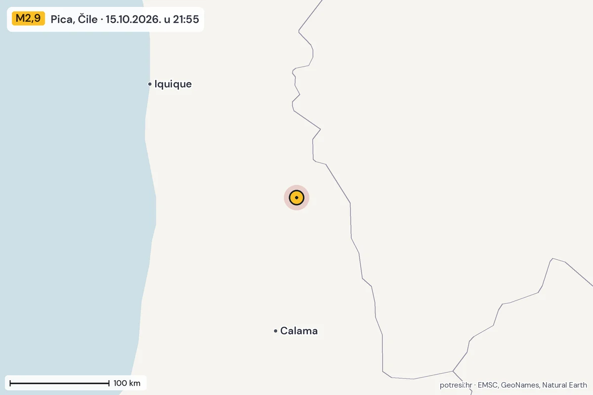 Karta: šire područje, 600 km, potres M2,9, Pica, Čile, 15.10.2026.