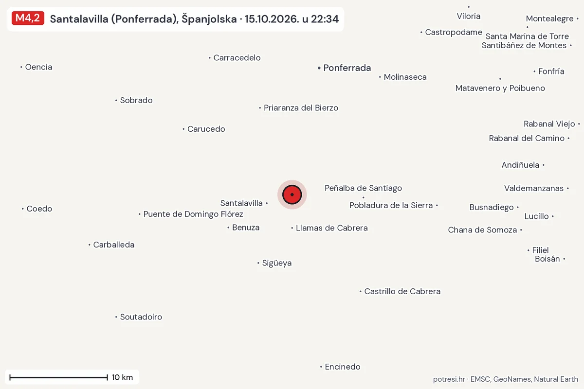 Karta: okolica epicentra, 60 km, potres M4,2, Santalavilla (Ponferrada), Španjolska, 15.10.2026.