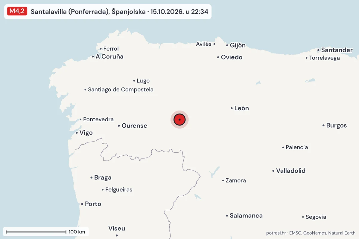 Karta: šire područje, 600 km, potres M4,2, Santalavilla (Ponferrada), Španjolska, 15.10.2026.
