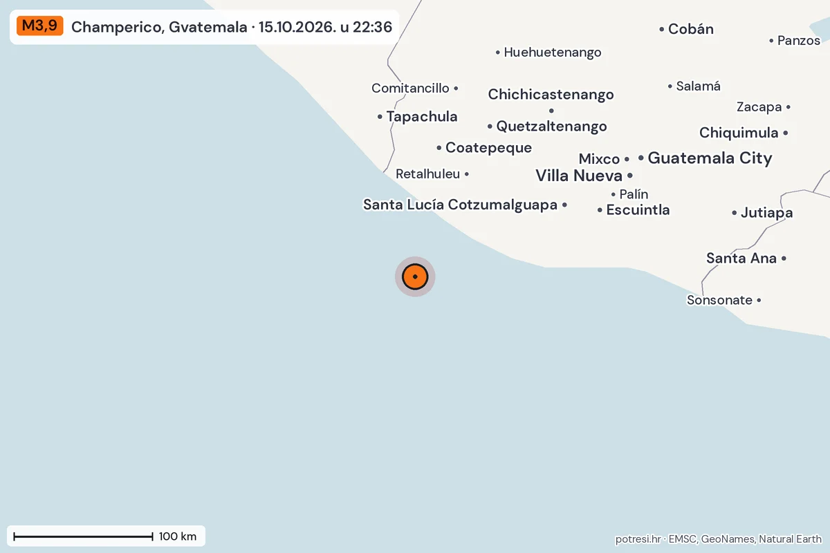 Karta: šire područje, 600 km, potres M3,9, Champerico, Gvatemala, 15.10.2026.