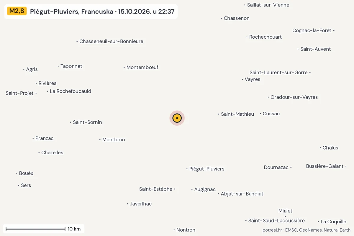Karta: okolica epicentra, 60 km, potres M2,8, Piégut-Pluviers, Francuska, 15.10.2026.
