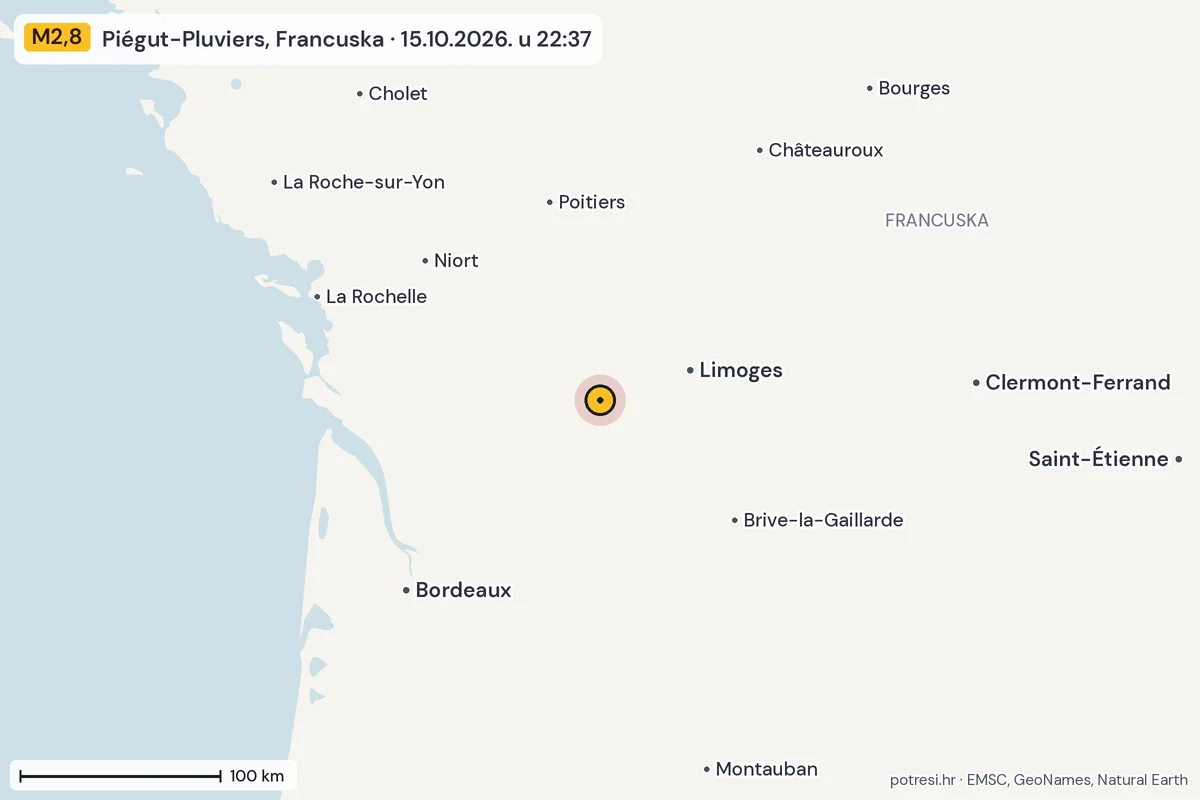 Karta: šire područje, 600 km, potres M2,8, Piégut-Pluviers, Francuska, 15.10.2026.