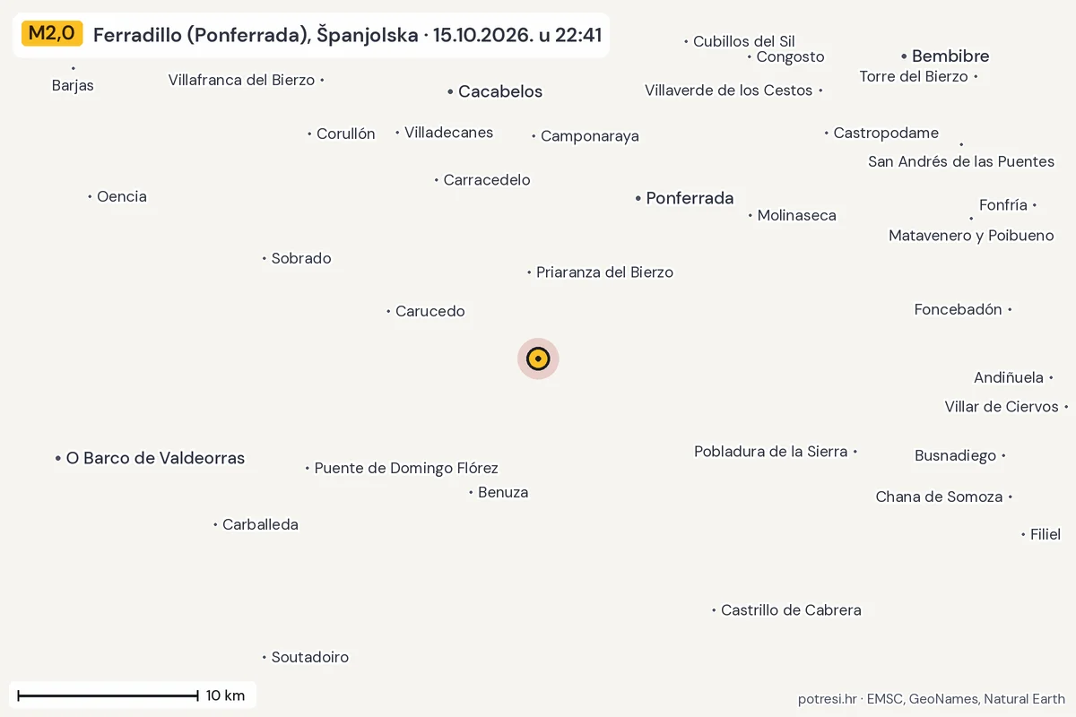 Karta: okolica epicentra, 60 km, potres M2,0, Ferradillo (Ponferrada), Španjolska, 15.10.2026.