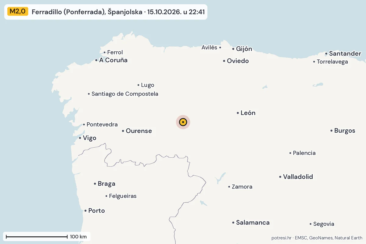 Karta: šire područje, 600 km, potres M2,0, Ferradillo (Ponferrada), Španjolska, 15.10.2026.