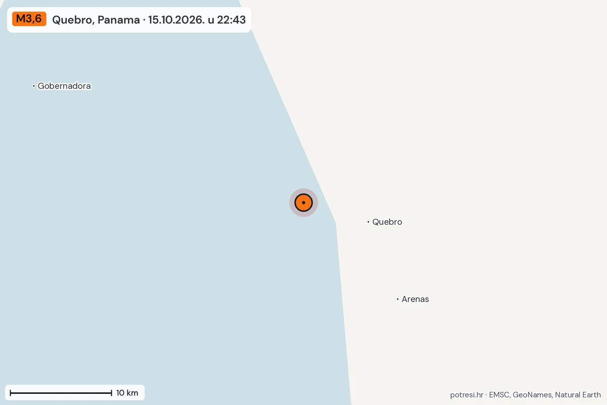 Karta: okolica epicentra, 60 km, potres M3,6, Quebro, Panama, 15.10.2026.