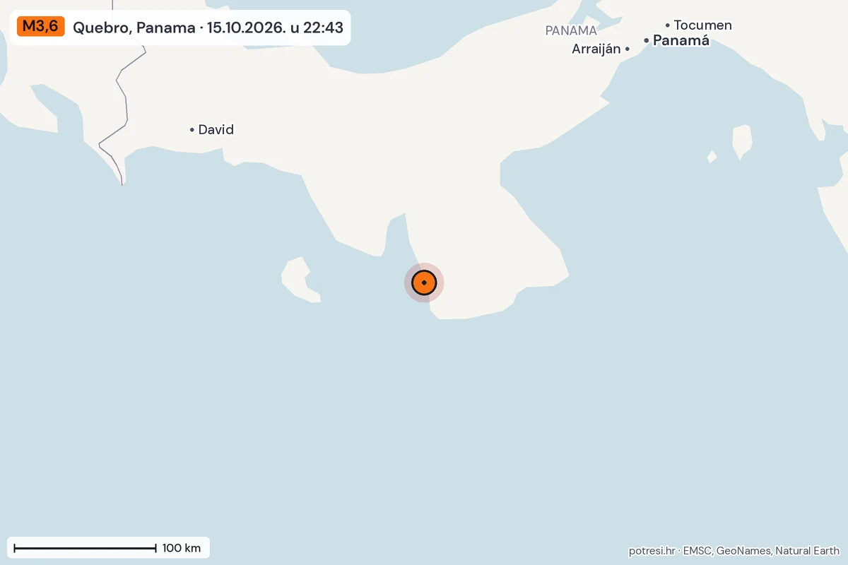 Karta: šire područje, 600 km, potres M3,6, Quebro, Panama, 15.10.2026.