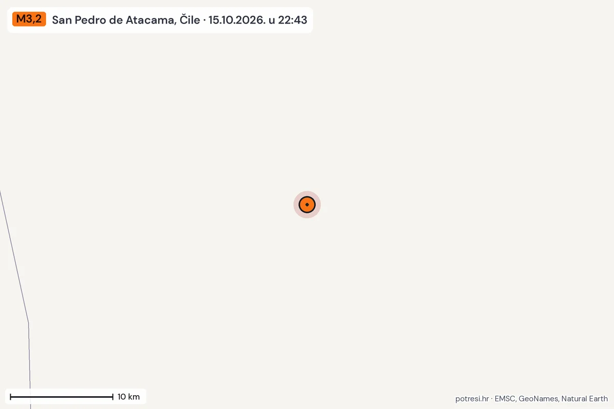 Karta: okolica epicentra, 60 km, potres M3,2, San Pedro de Atacama, Čile, 15.10.2026.