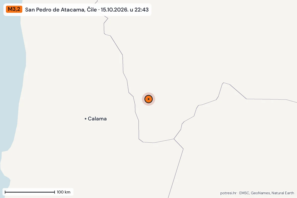 Karta: šire područje, 600 km, potres M3,2, San Pedro de Atacama, Čile, 15.10.2026.