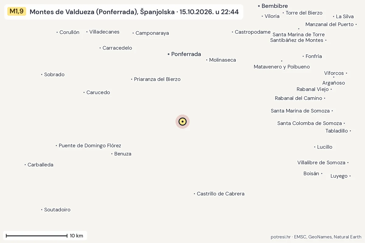 Karta: okolica epicentra, 60 km, potres M1,9, Montes de Valdueza (Ponferrada), Španjolska, 15.10.2026.