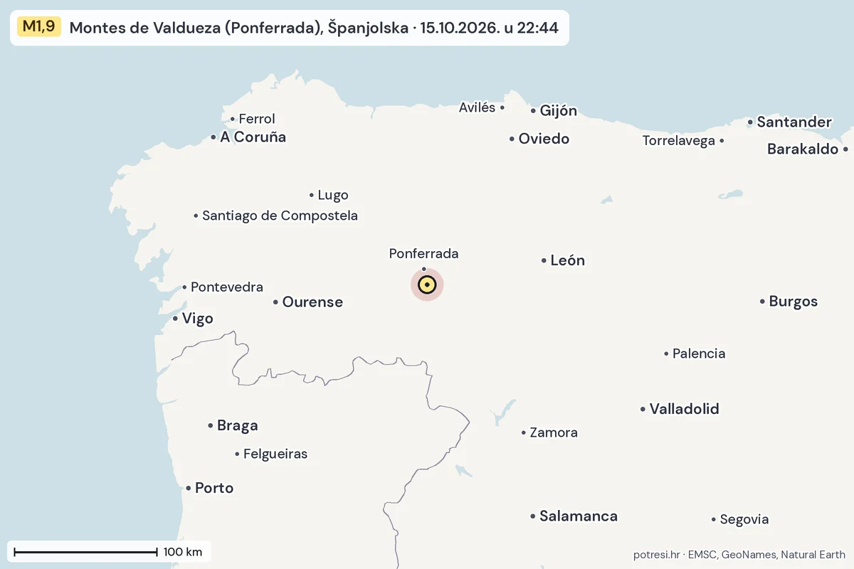 Karta: šire područje, 600 km, potres M1,9, Montes de Valdueza (Ponferrada), Španjolska, 15.10.2026.