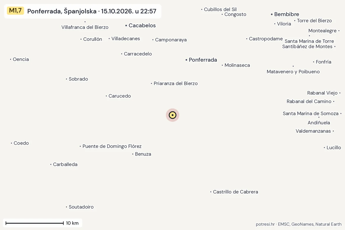 Karta: okolica epicentra, 60 km, potres M1,7, Ponferrada, Španjolska, 15.10.2026.