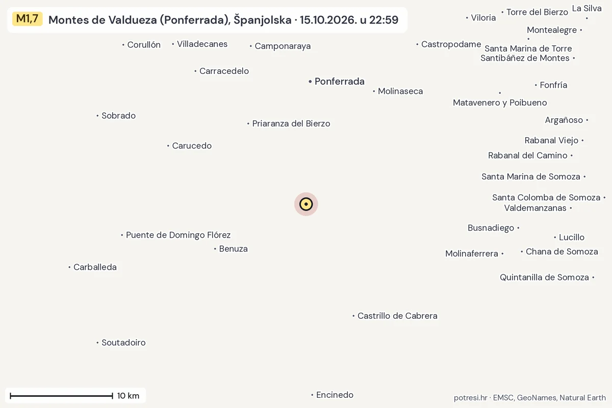 Karta: okolica epicentra, 60 km, potres M1,7, Montes de Valdueza (Ponferrada), Španjolska, 15.10.2026.