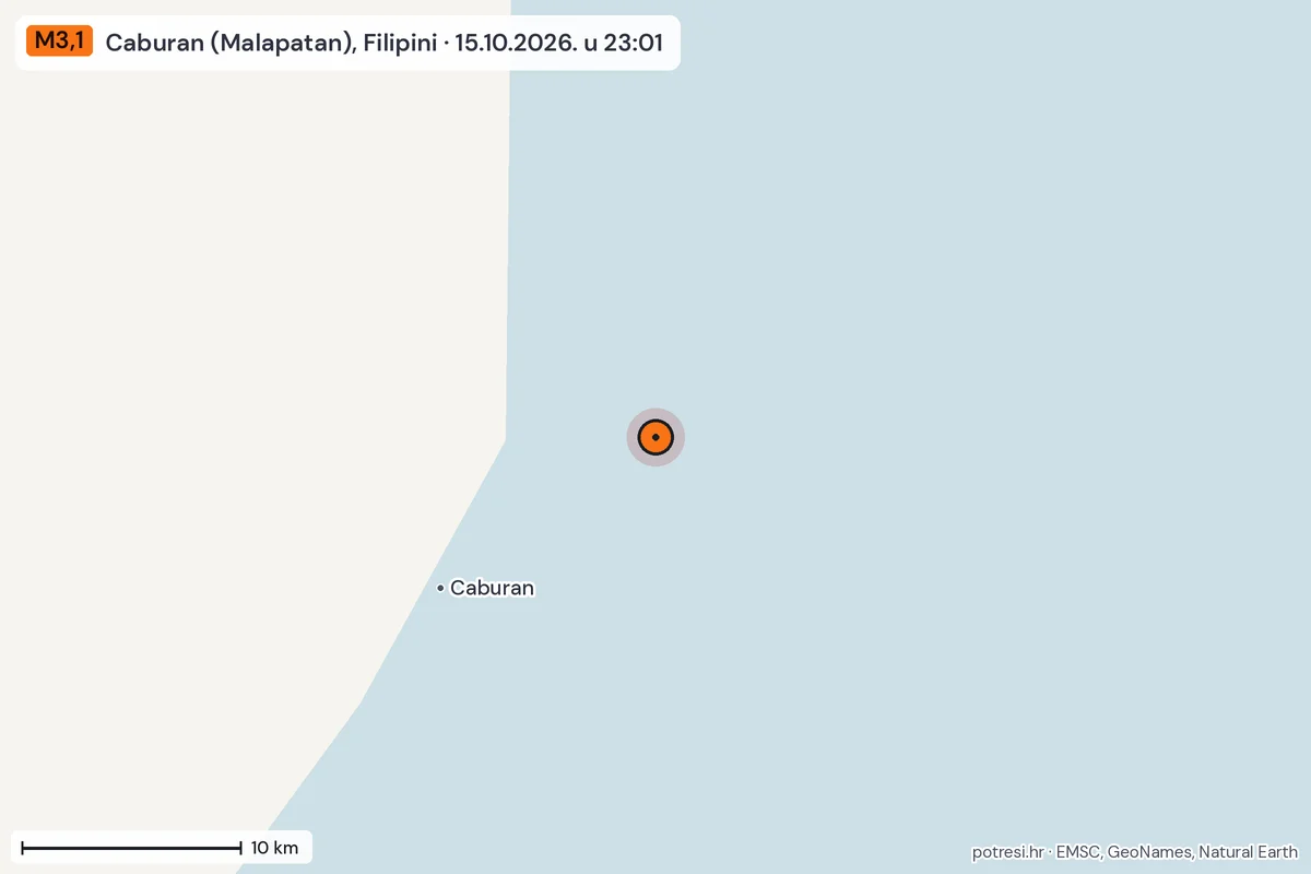 Karta: okolica epicentra, 60 km, potres M3,1, Caburan (Malapatan), Filipini, 15.10.2026.