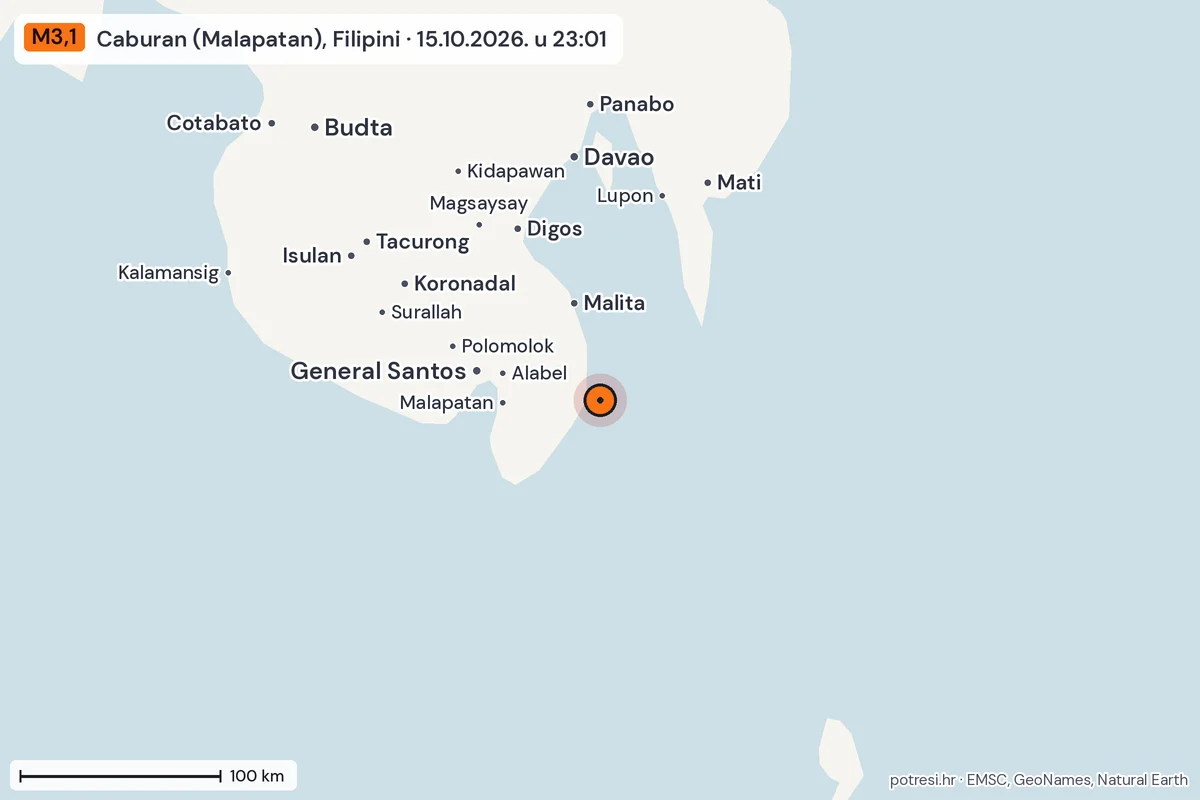 Karta: šire područje, 600 km, potres M3,1, Caburan (Malapatan), Filipini, 15.10.2026.