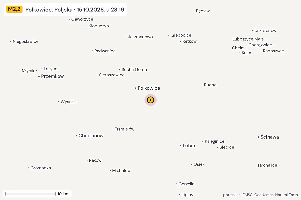 Karta: okolica epicentra, 60 km, potres M2,2, Polkowice, Poljska, 15.10.2026.