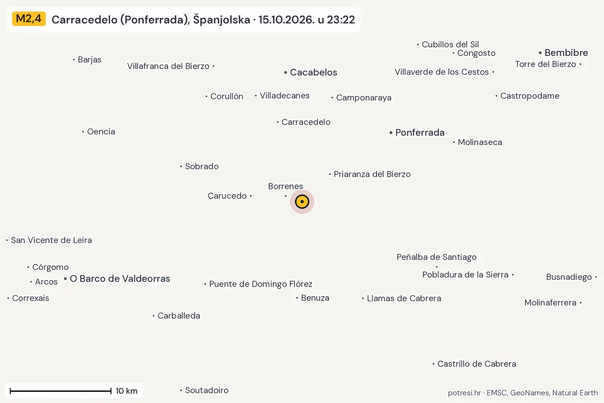 Karta: okolica epicentra, 60 km, potres M2,4, Carracedelo (Ponferrada), Španjolska, 15.10.2026.