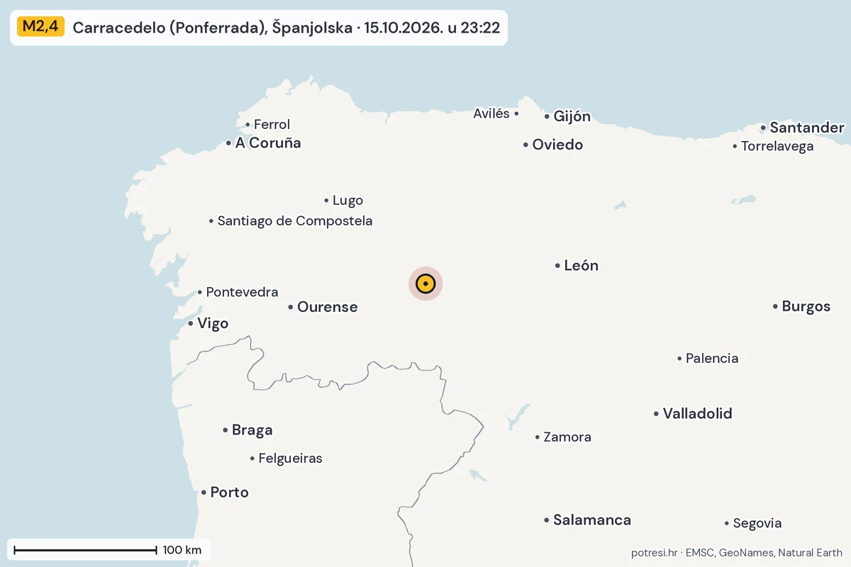 Karta: šire područje, 600 km, potres M2,4, Carracedelo (Ponferrada), Španjolska, 15.10.2026.