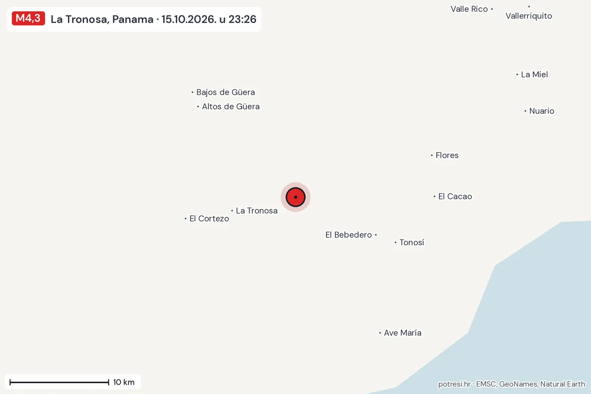 Karta: okolica epicentra, 60 km, potres M4,3, La Tronosa, Panama, 15.10.2026.