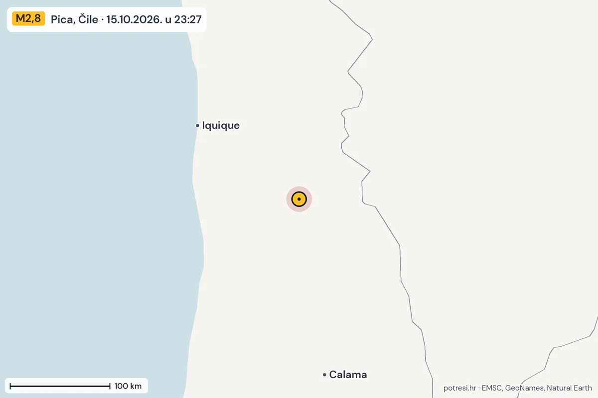 Karta: šire područje, 600 km, potres M2,8, Pica, Čile, 15.10.2026.