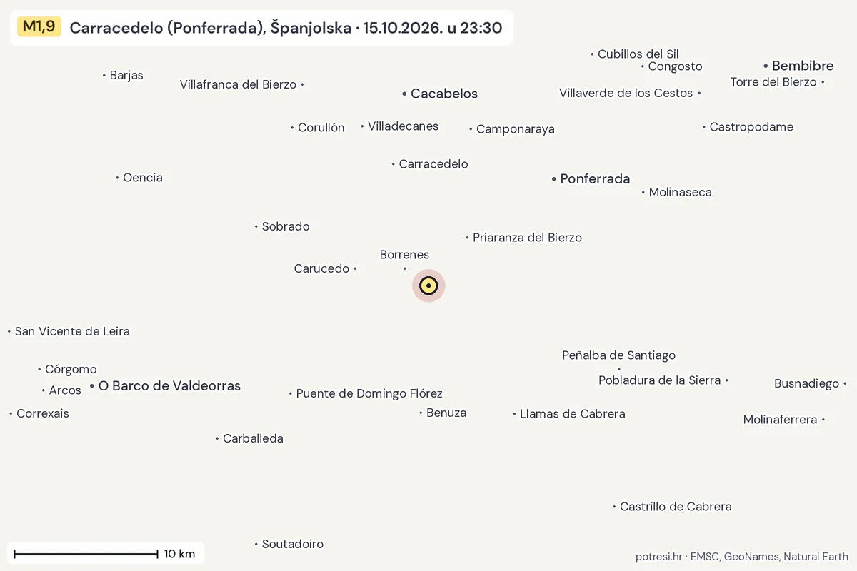 Karta: okolica epicentra, 60 km, potres M1,9, Carracedelo (Ponferrada), Španjolska, 15.10.2026.
