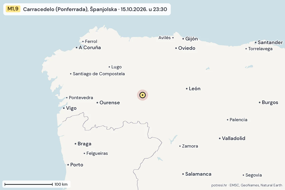Karta: šire područje, 600 km, potres M1,9, Carracedelo (Ponferrada), Španjolska, 15.10.2026.