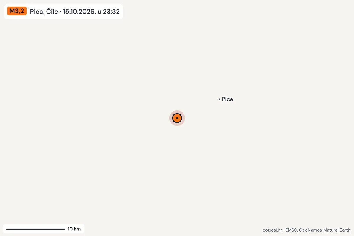 Karta: okolica epicentra, 60 km, potres M3,2, Pica, Čile, 15.10.2026.