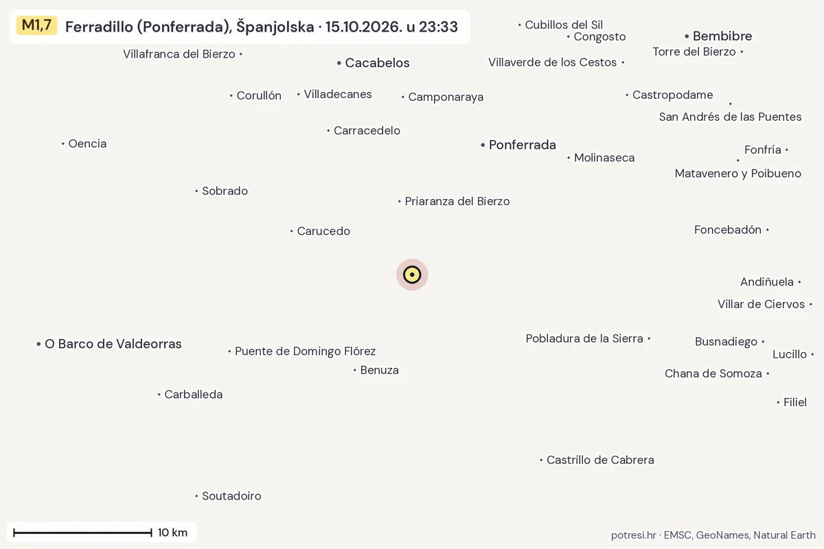 Karta: okolica epicentra, 60 km, potres M1,7, Ferradillo (Ponferrada), Španjolska, 15.10.2026.