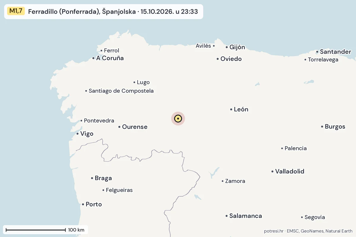 Karta: šire područje, 600 km, potres M1,7, Ferradillo (Ponferrada), Španjolska, 15.10.2026.