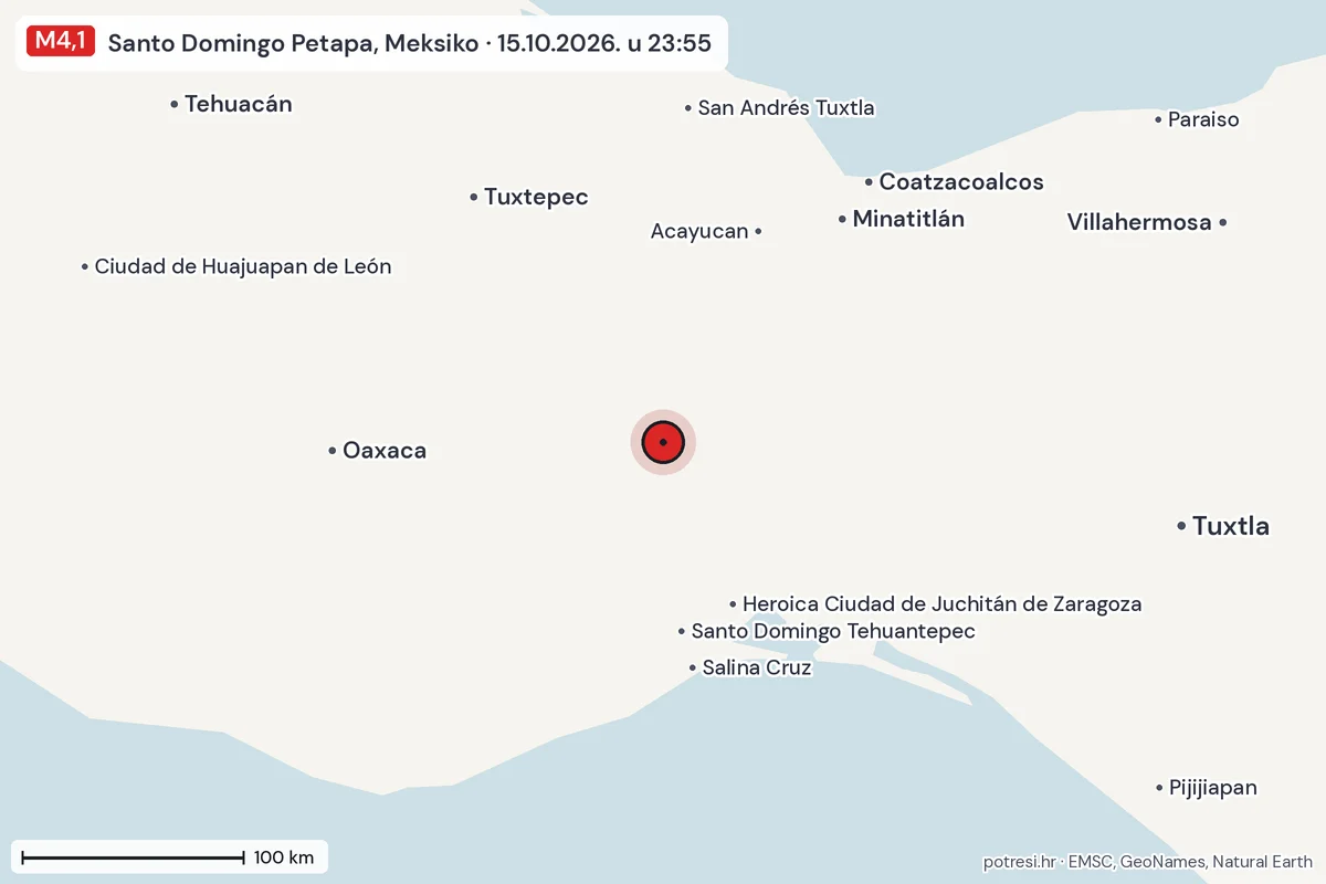 Karta: šire područje, 600 km, potres M4,1, Santo Domingo Petapa, Meksiko, 15.10.2026.
