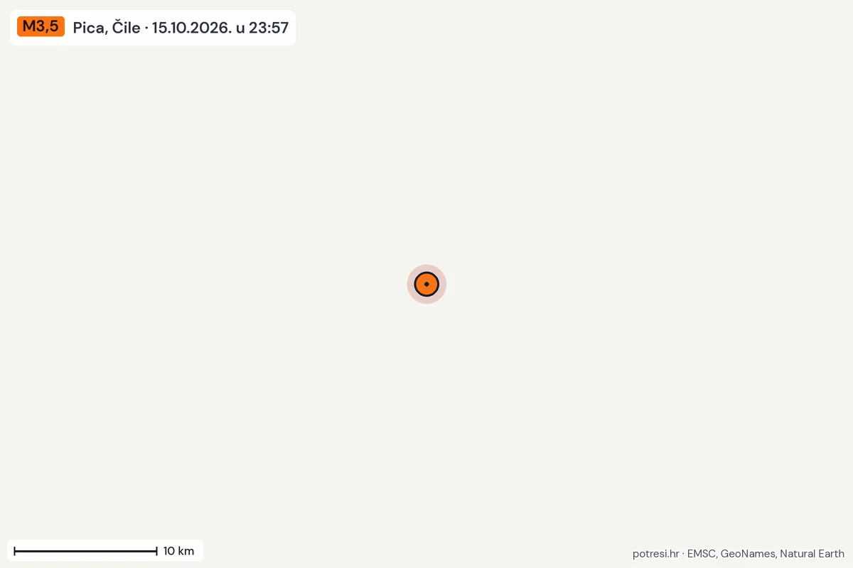 Karta: okolica epicentra, 60 km, potres M3,5, Pica, Čile, 15.10.2026.