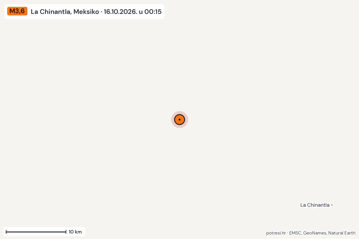 Karta: okolica epicentra, 60 km, potres M3,6, La Chinantla, Meksiko, 16.10.2026.