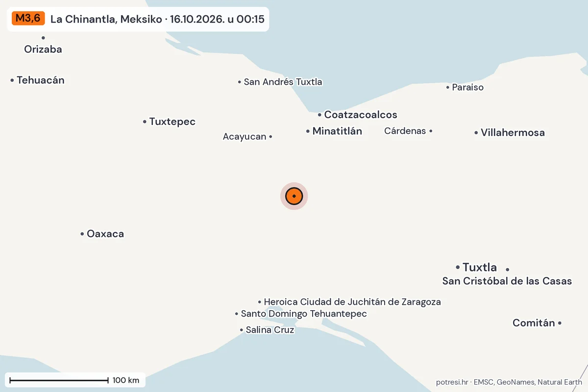 Karta: šire područje, 600 km, potres M3,6, La Chinantla, Meksiko, 16.10.2026.