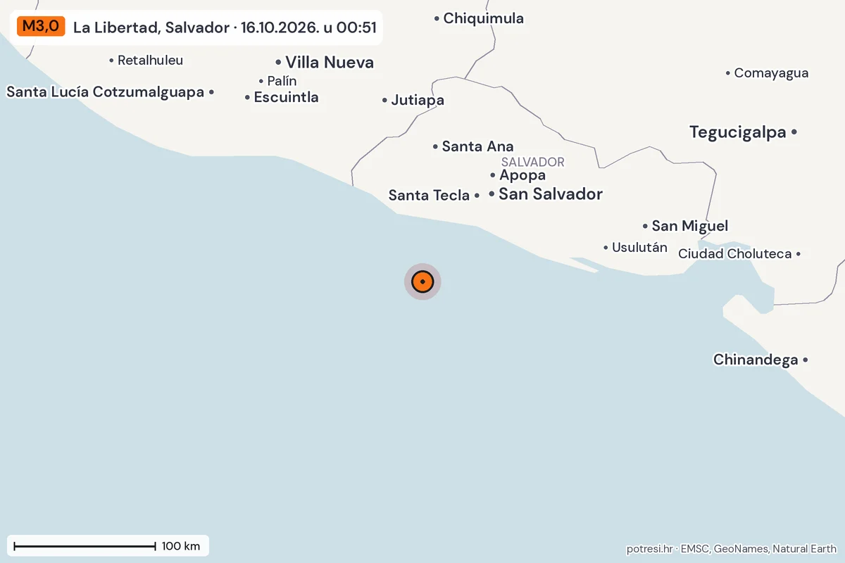 Karta: šire područje, 600 km, potres M3,0, La Libertad, Salvador, 16.10.2026.