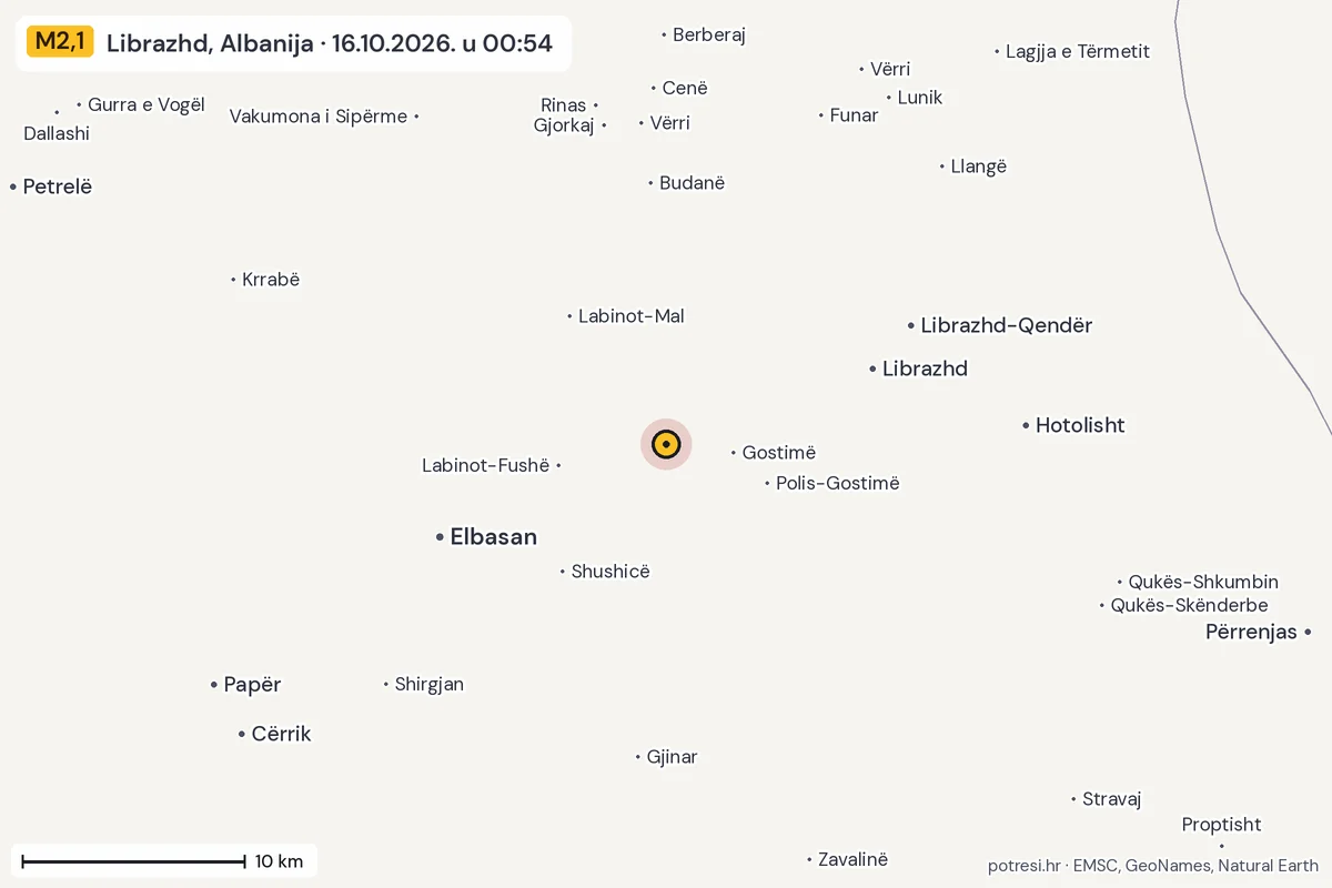 Karta: okolica epicentra, 60 km, potres M2,1, Librazhd, Albanija, 16.10.2026.