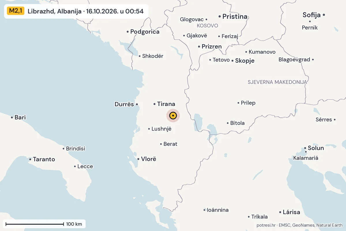 Karta: šire područje, 600 km, potres M2,1, Librazhd, Albanija, 16.10.2026.
