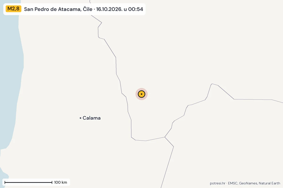 Karta: šire područje, 600 km, potres M2,8, San Pedro de Atacama, Čile, 16.10.2026.