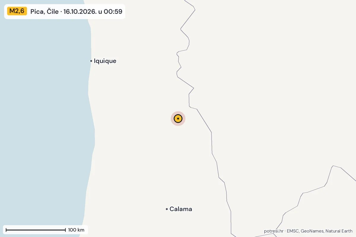 Karta: šire područje, 600 km, potres M2,6, Pica, Čile, 16.10.2026.
