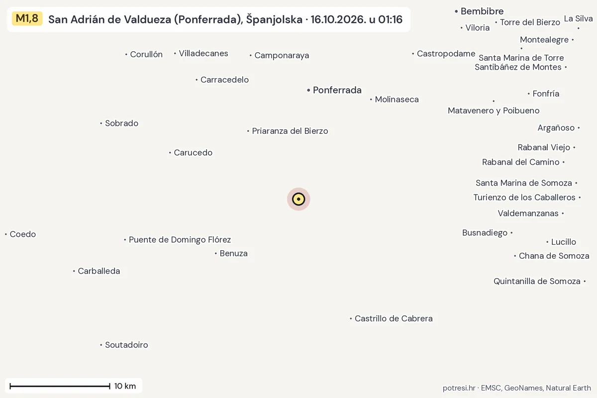 Karta: okolica epicentra, 60 km, potres M1,8, San Adrián de Valdueza (Ponferrada), Španjolska, 16.10.2026.