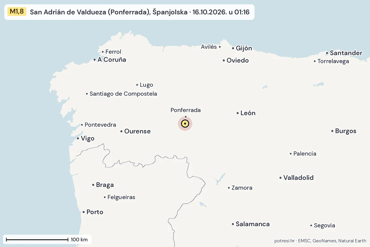 Karta: šire područje, 600 km, potres M1,8, San Adrián de Valdueza (Ponferrada), Španjolska, 16.10.2026.