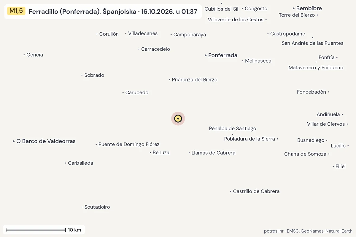 Karta: okolica epicentra, 60 km, potres M1,5, Ferradillo (Ponferrada), Španjolska, 16.10.2026.