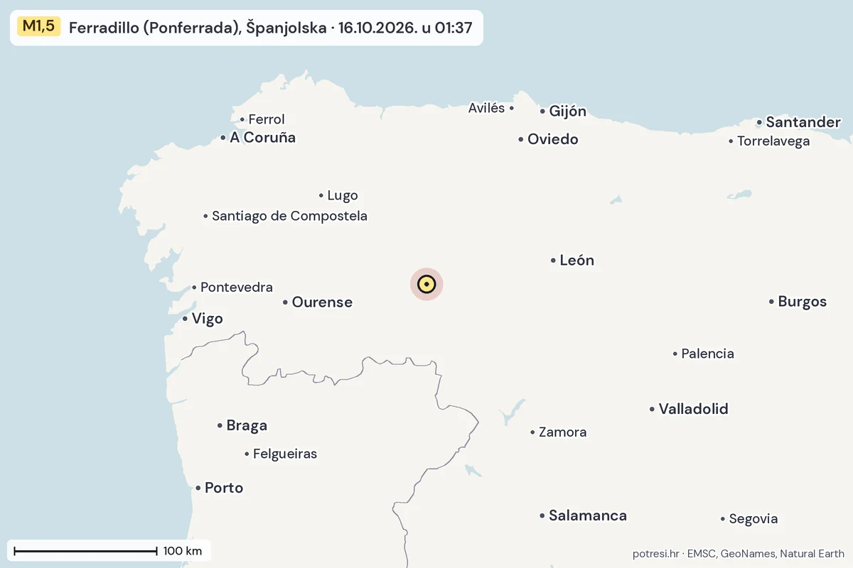 Karta: šire područje, 600 km, potres M1,5, Ferradillo (Ponferrada), Španjolska, 16.10.2026.