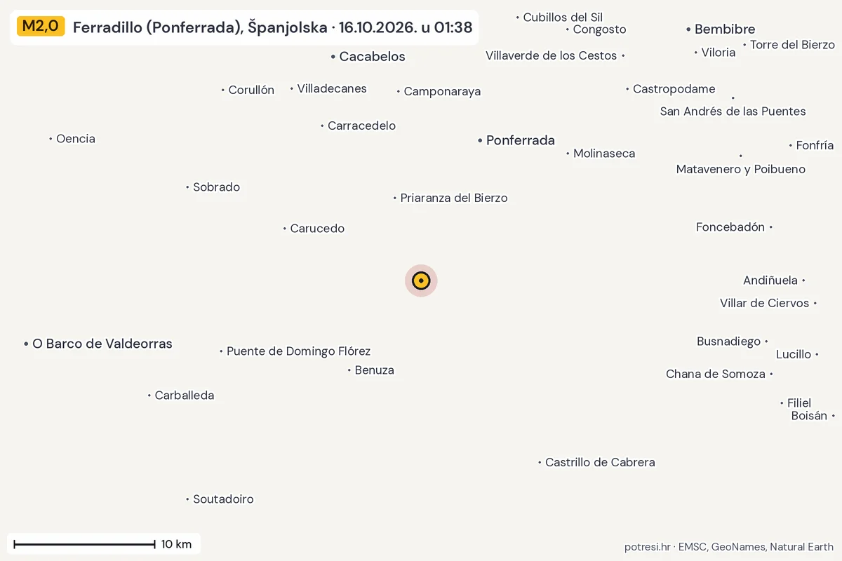 Karta: okolica epicentra, 60 km, potres M2,0, Ferradillo (Ponferrada), Španjolska, 16.10.2026.
